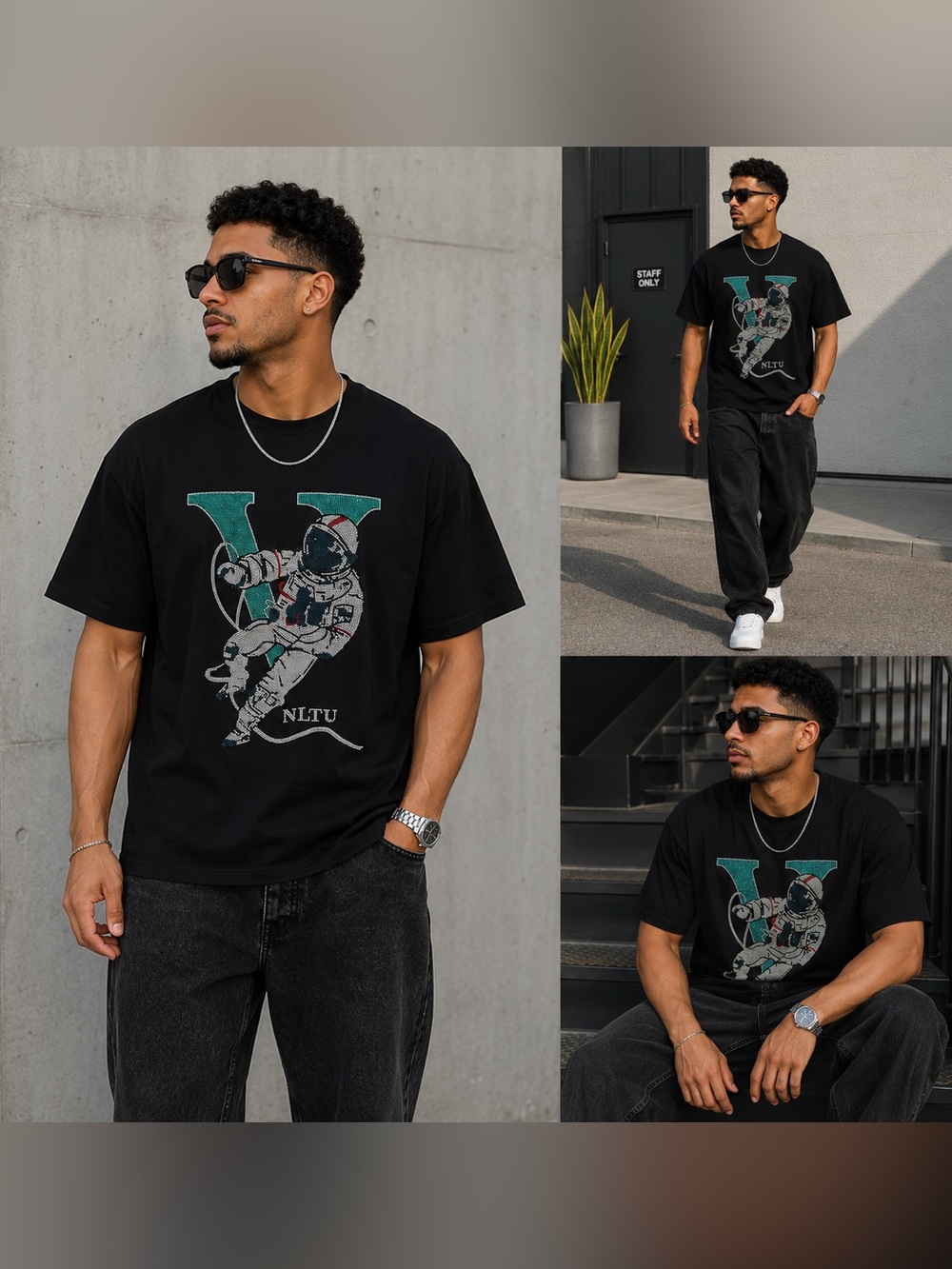 Mens Black Rhinestone Astronaut Tee - XL